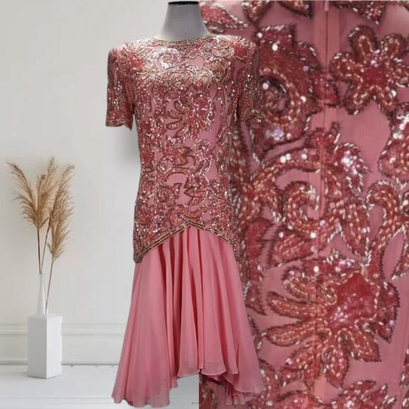 Vintage Lillie Rubin Sequin Silk Cocktail Dress Size 8 Pink Drop Waist Fit Flare - Picture 2 of 16